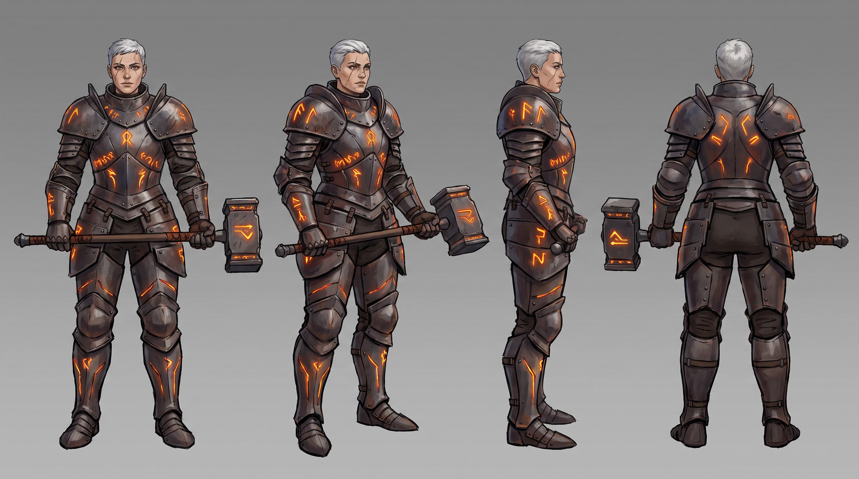 Ironvow character sheet: front, three-quarter, side and back views