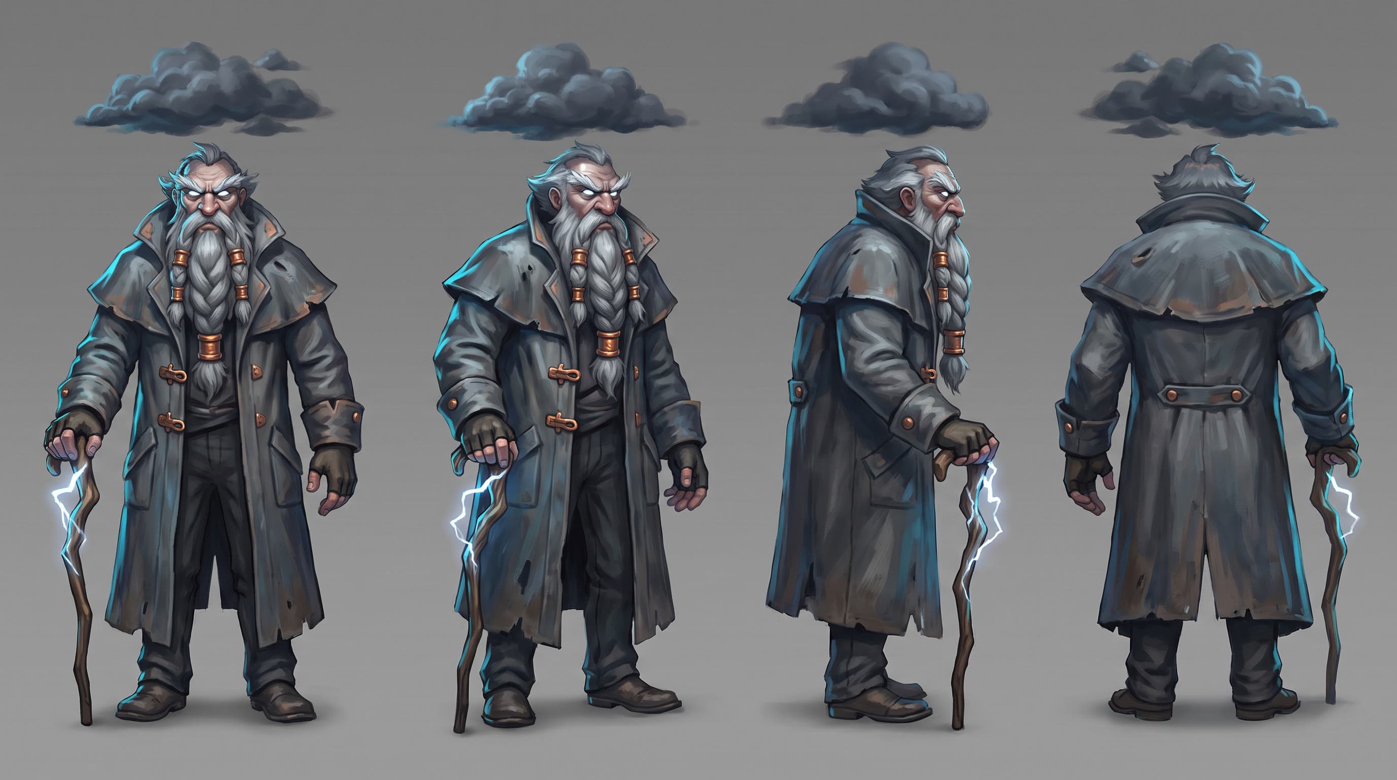 Old Man Thunder character sheet: front, three-quarter, side and back views