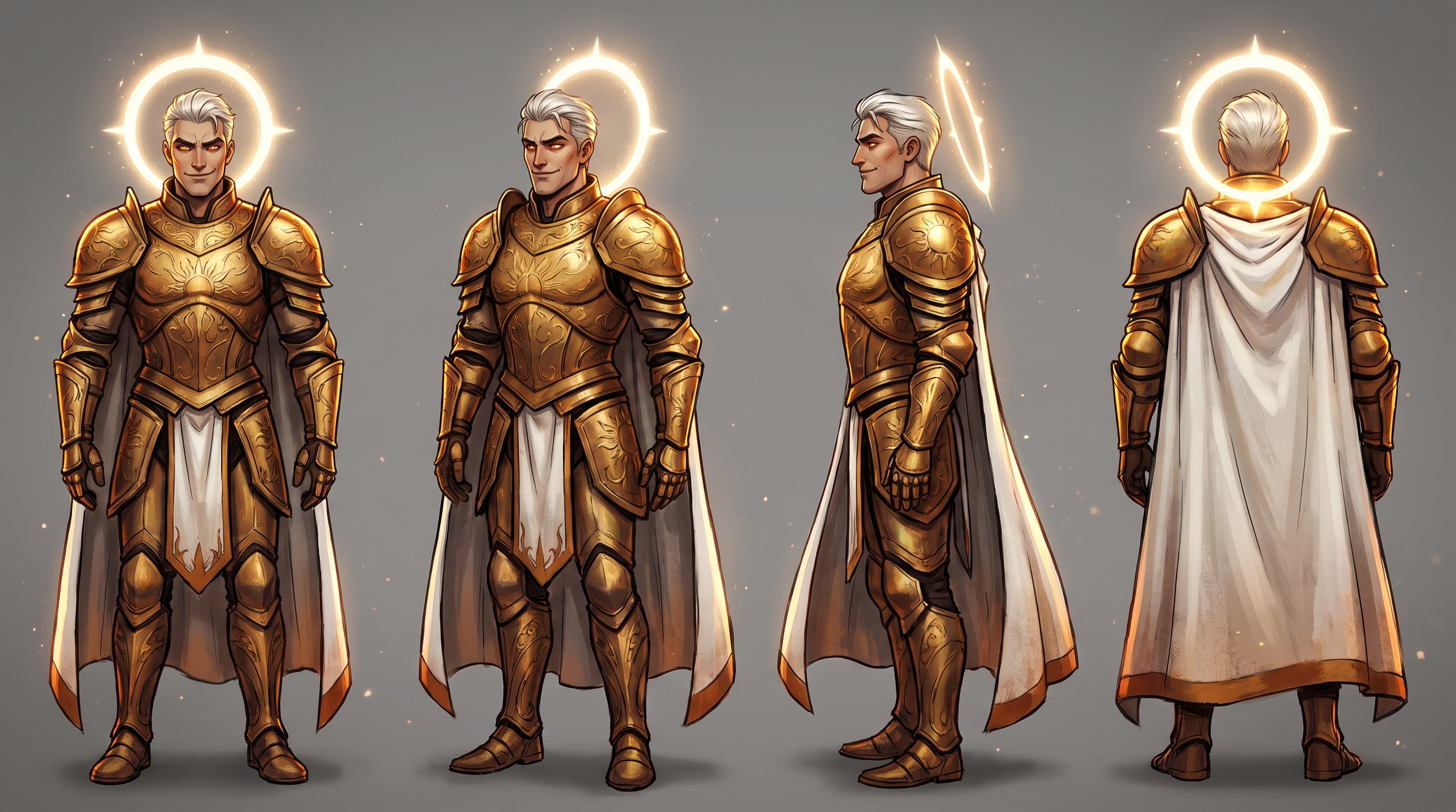 Solaris Rex character sheet: front, three-quarter, side and back views