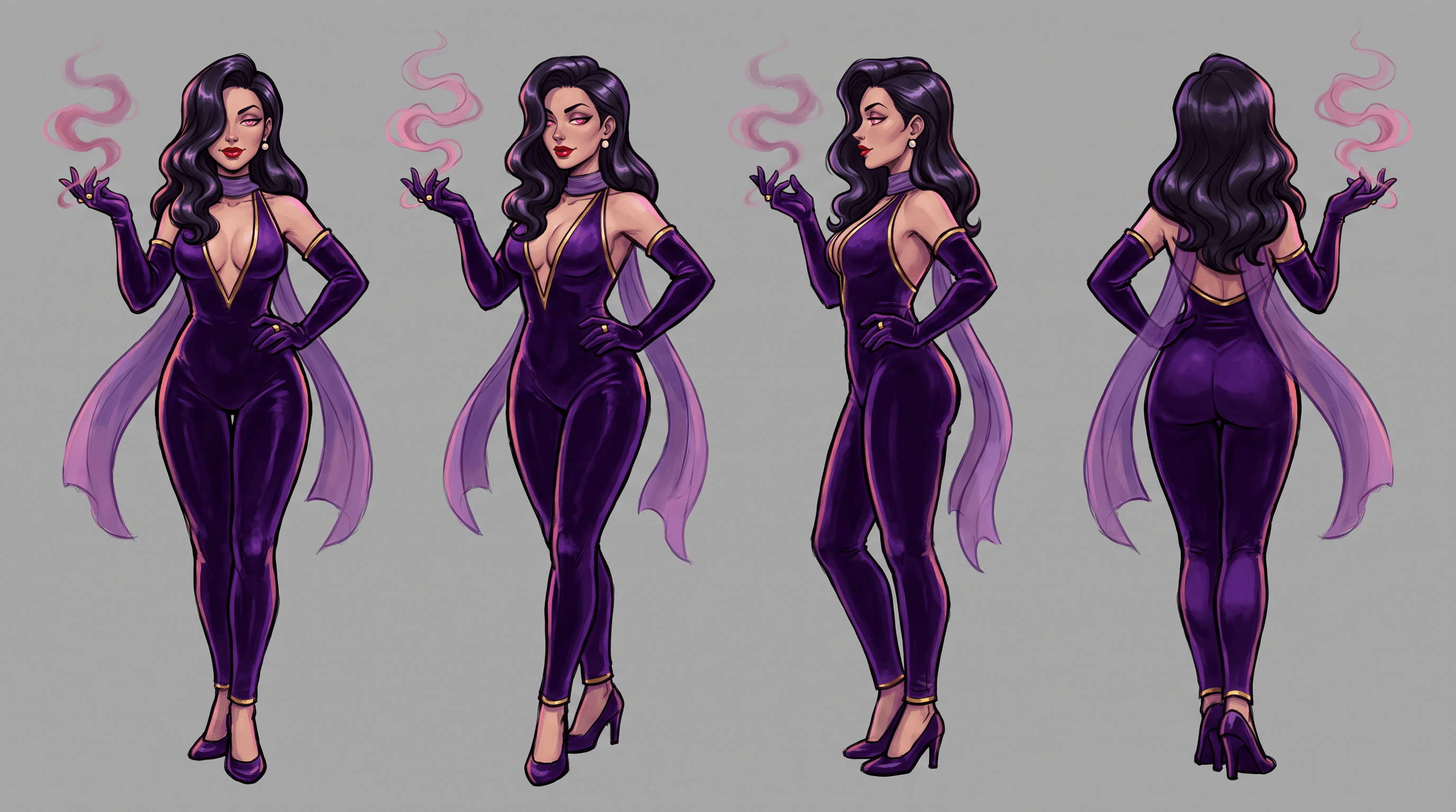 Velvet Cassidy character sheet: front, three-quarter, side and back views