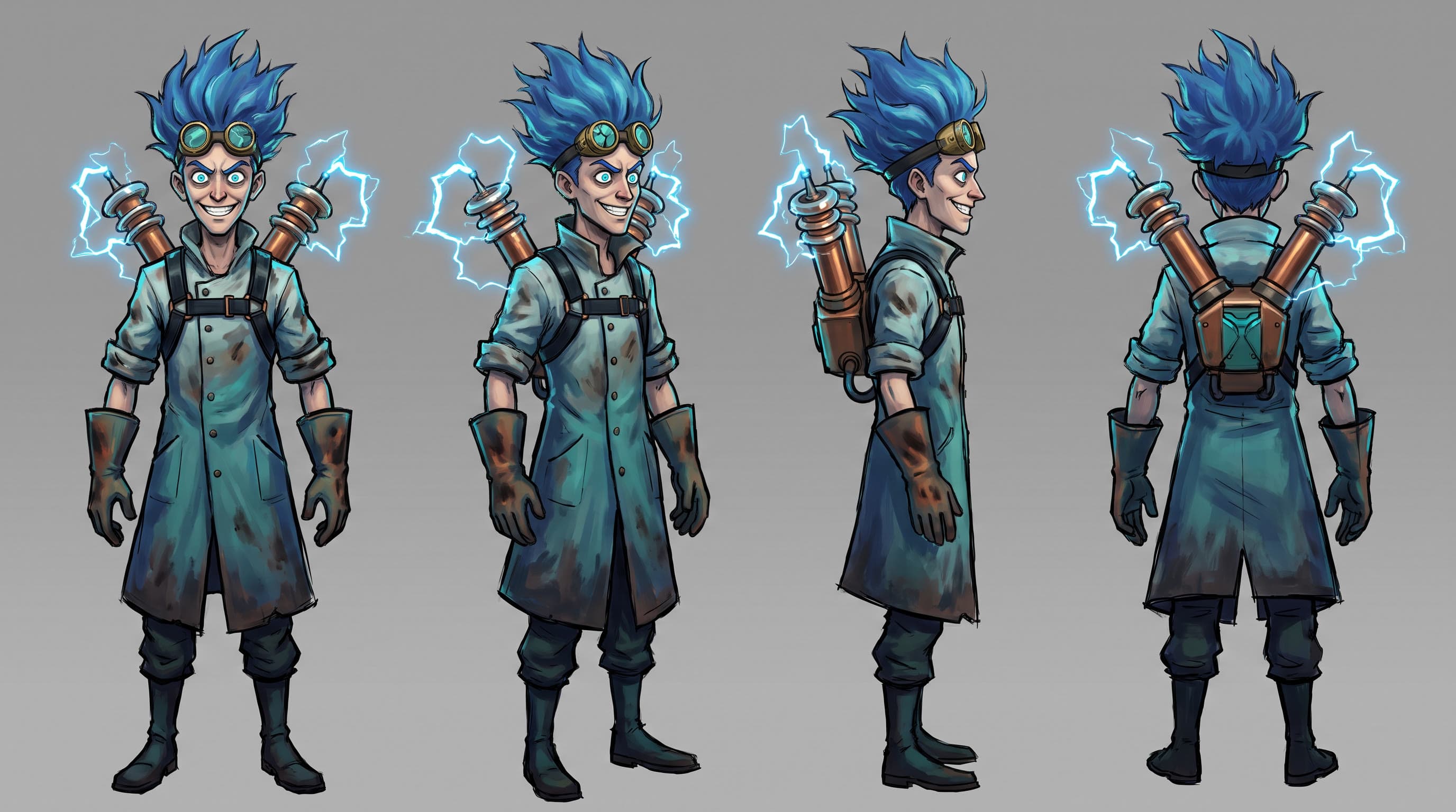 Volt Kaiser character sheet: front, three-quarter, side and back views